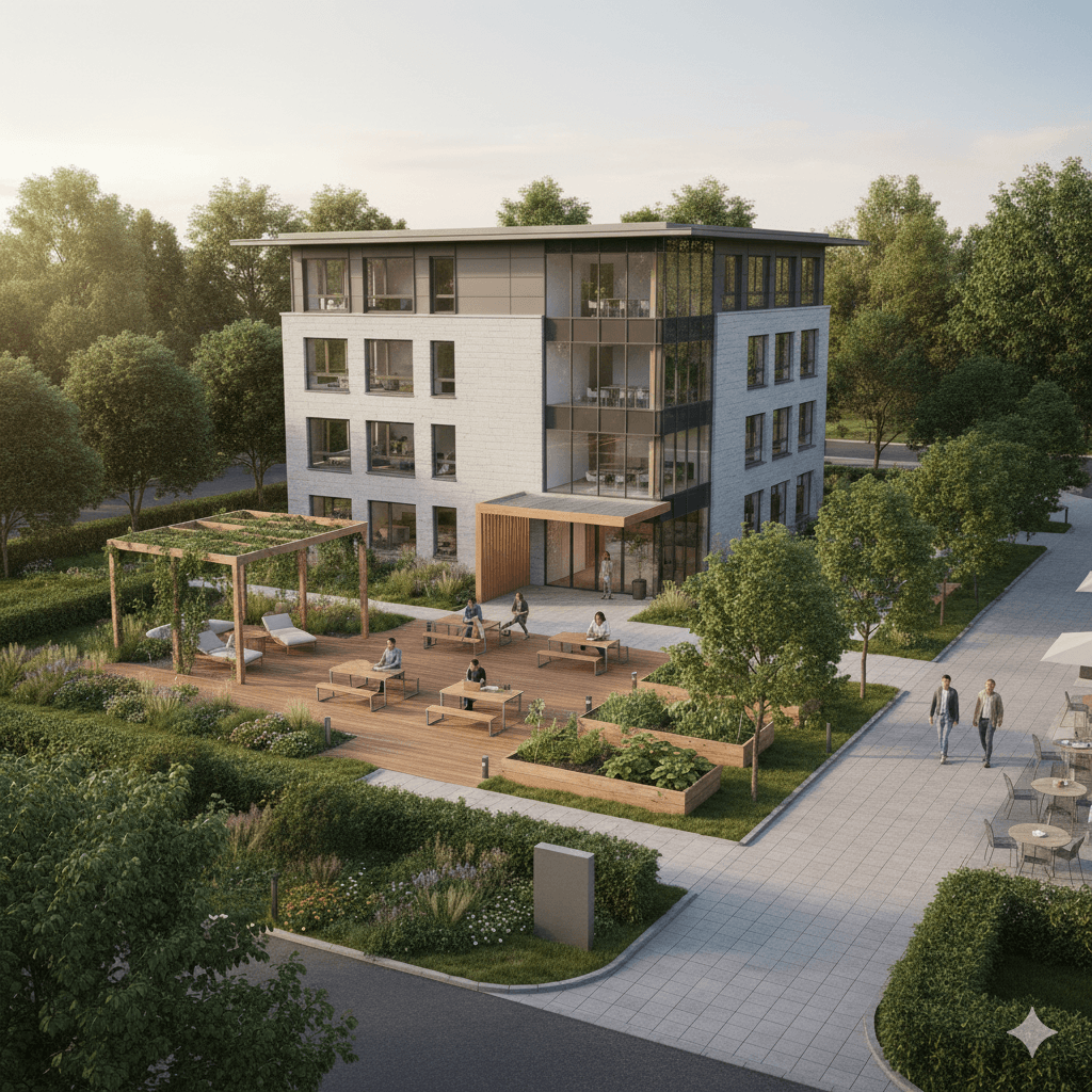 Begrüntes Firmengelände mit Staudenpflanzung von Evergreen Gartenservice