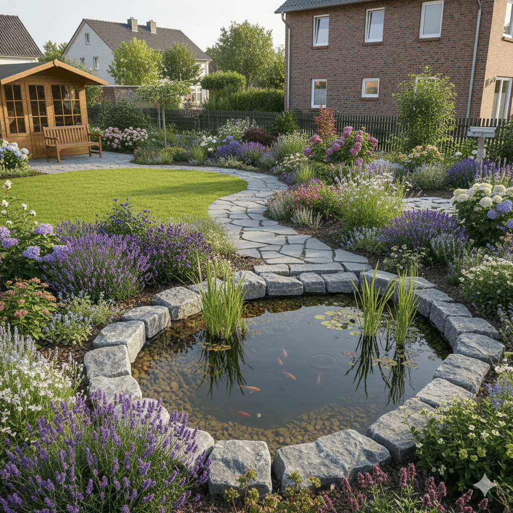 Visualisierung einer Evergreen Gartengestaltung mit Wasserspiel