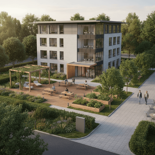 Grün gestalteter Unternehmenscampus von Evergreen Gartenservice