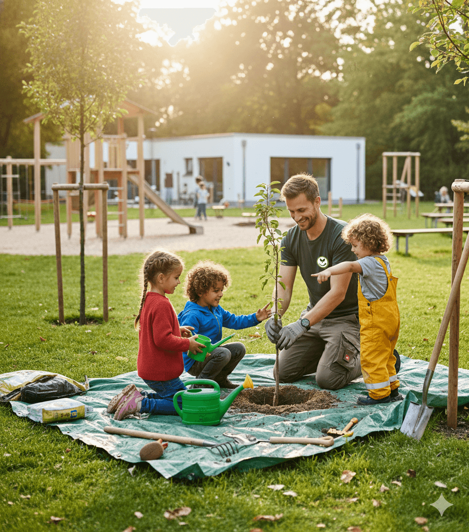 Kinder pflanzen junge Bäume bei einer Evergreen Gemeinschaftsaktion
